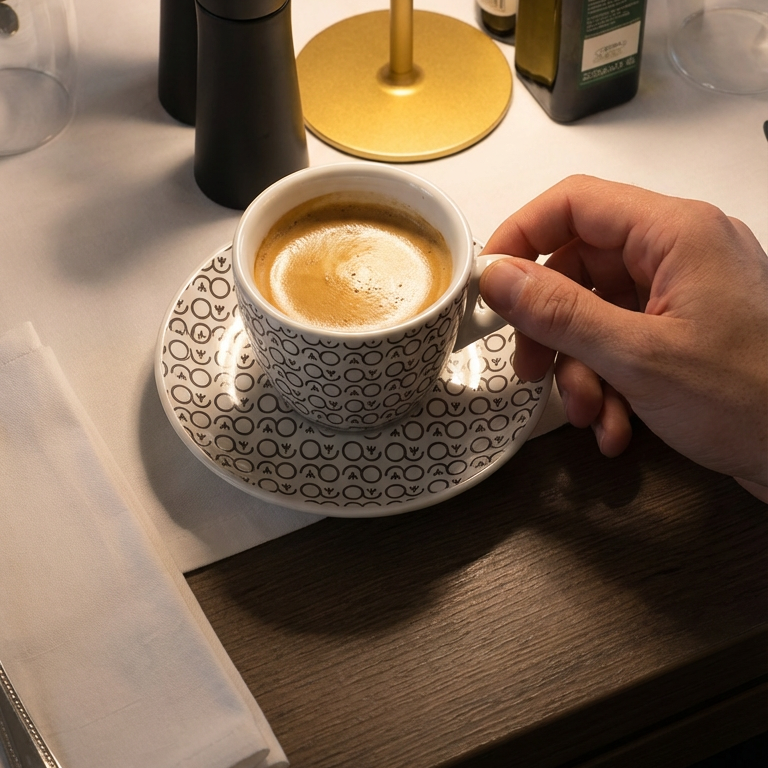 Hand hält eine Kaffeetasse auf einem Tisch – Momentaufnahme für Branding- und Lifestyle-Visuals